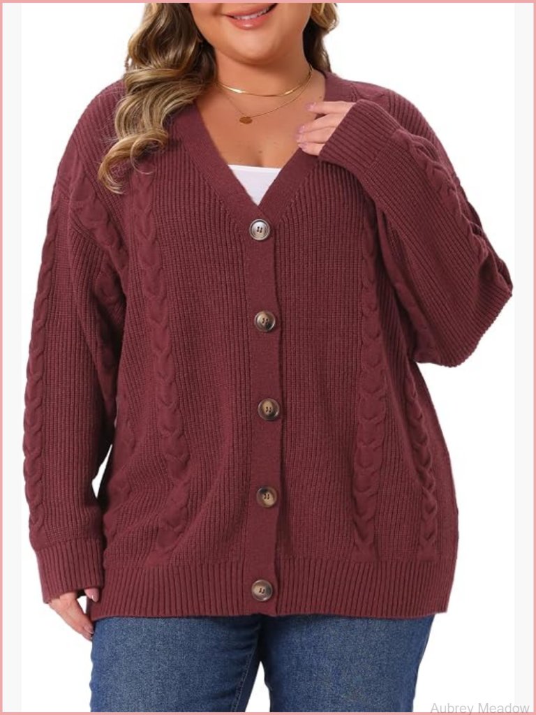 Plus Size V Neck Button Down Cardigan Sweater Long Sleeve Knit Oversized Jacket